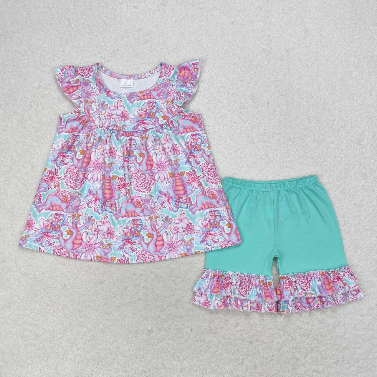 GSSO1356 Colorful Flowers Tunic Top Ruffle Shorts Girls Summer Clothes Set