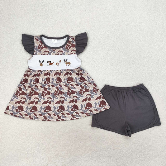 GSSO1358 Deer Dog Embroidery Camo Tunic Top Grey Shorts Girls Summer Clothes Set