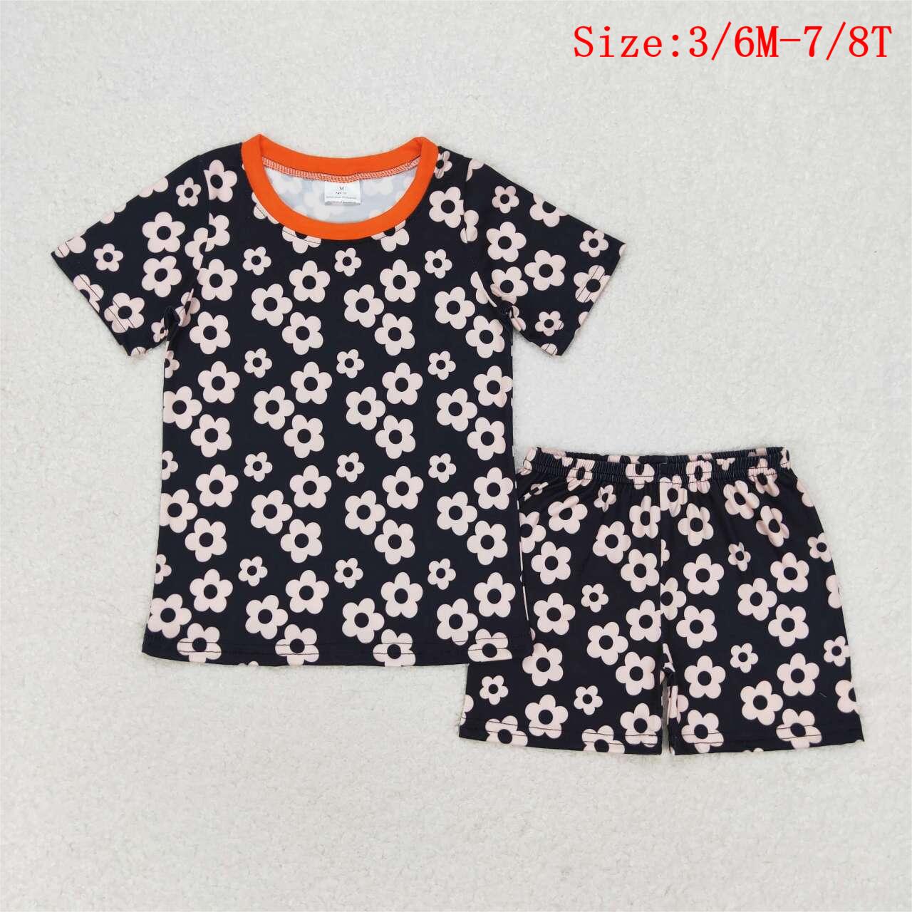GSSO1359 Black Flowers Print Girls Summer Pajamas Clothes Set
