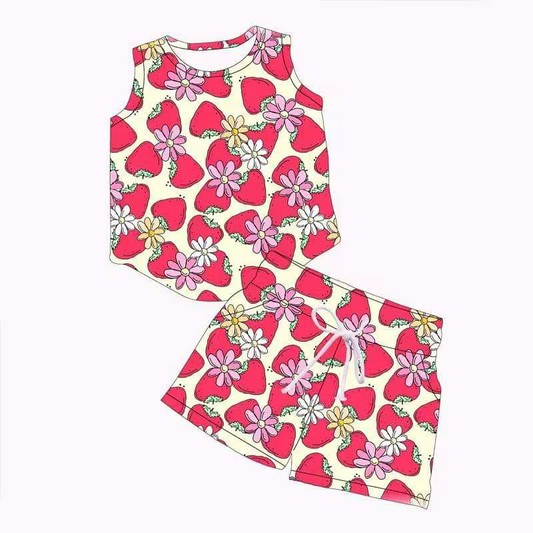 (Pre-order)GSSO1364 Flowers Strawberry Print Girls Summer Clothes Set