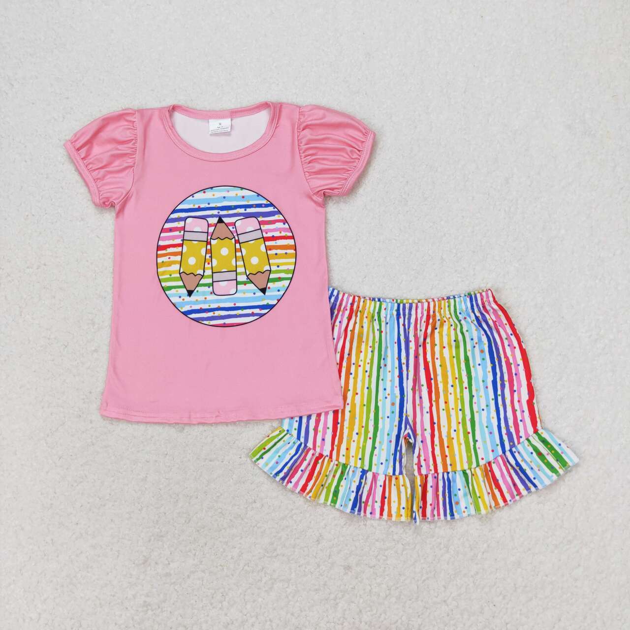 GSSO1366 Pen Pink Top Rainbow Stripes Shorts Girls Back to School Clothes Set
