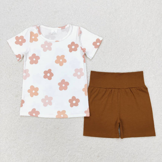 GSSO1371 Flowers Top Brown Shorts Girls Summer Clothes Set