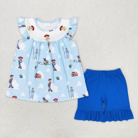 GSSO1373 Blue Cartoon Toys Top Ruffle Shorts Girls Summer Clothes Set
