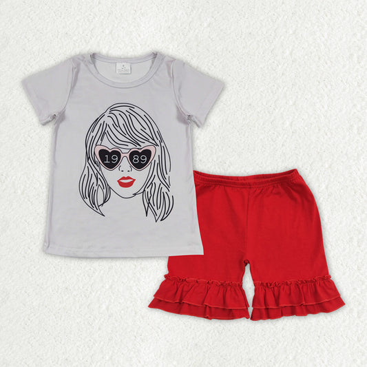 GSSO1377 Grey Singer Swiftie Top Red Shorts Girls Summer Clothes Set