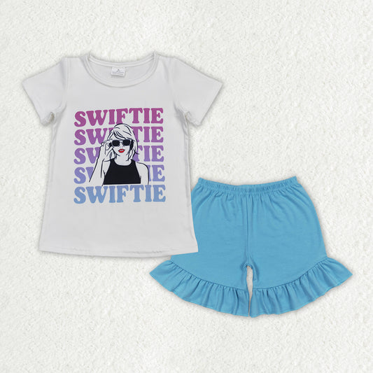GSSO1381 Singer Swiftie White Top Blue Shorts Girls Summer Clothes Set