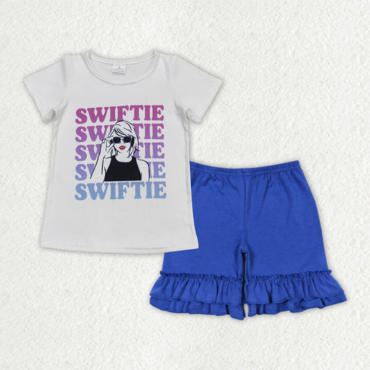 GSSO1382 Singer Swiftie White Top Blue Shorts Girls Summer Clothes Set