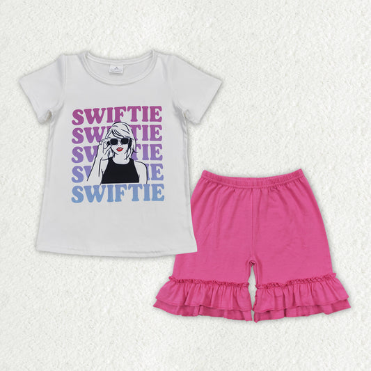 GSSO1383 Singer Swiftie White Top Pink Shorts Girls Summer Clothes Set