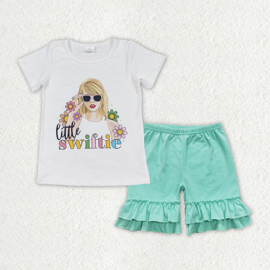 GSSO1384 Singer Swiftie Flowers Top Green Shorts Girls Summer Clothes Set