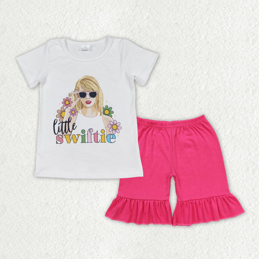 GSSO1386 Singer Swiftie Flowers Top Hot Pink Shorts Girls Summer Clothes Set