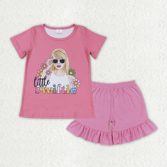 GSSO1387 Singer Swiftie Flowers Top Pink Shorts Girls Summer Clothes Set