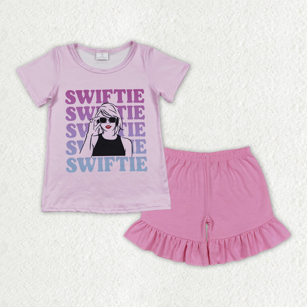 GSSO1388 Singer Swiftie Pink Top Ruffle Shorts Girls Summer Clothes Set