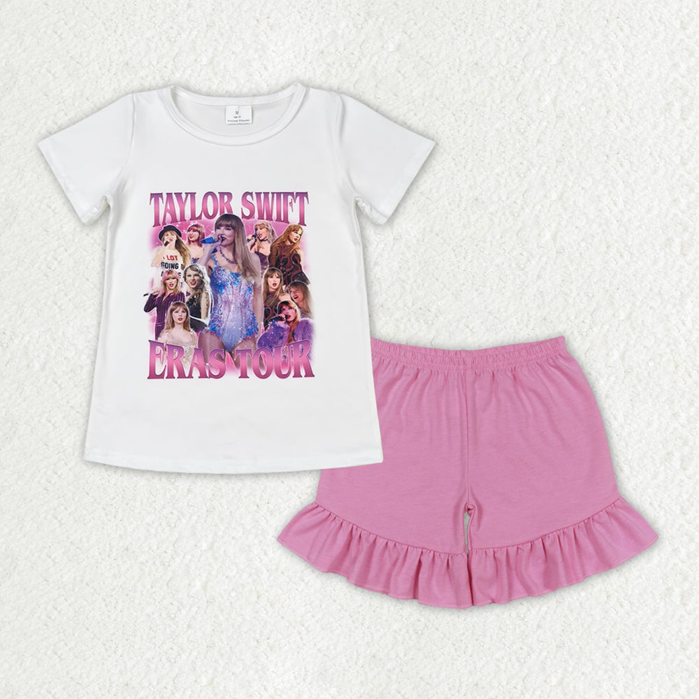 GSSO1389 Singer Swiftie White Top Pink Shorts Girls Summer Clothes Set