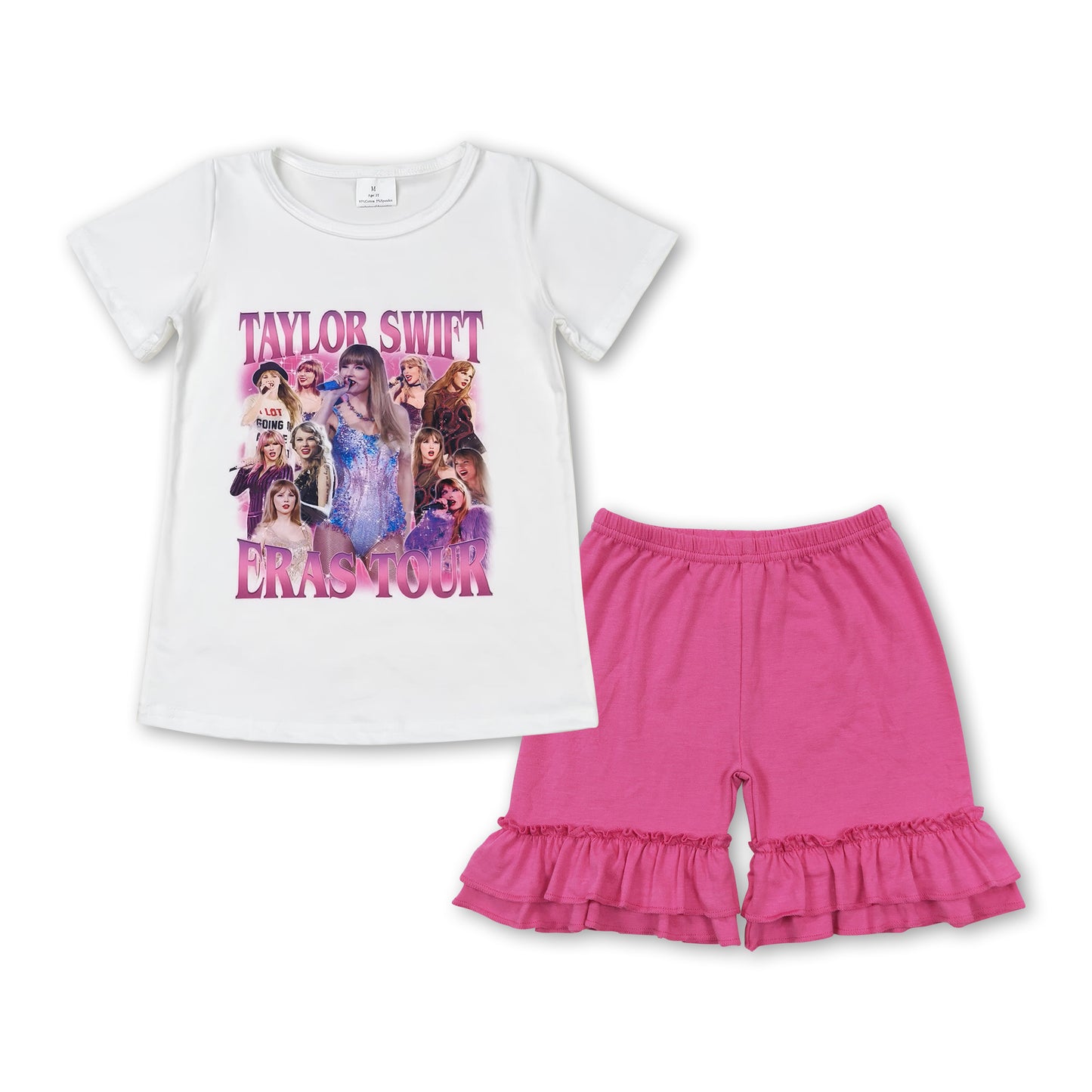 GSSO1391 Singer Swiftie White Top Hot Pink Shorts Girls Summer Clothes Set