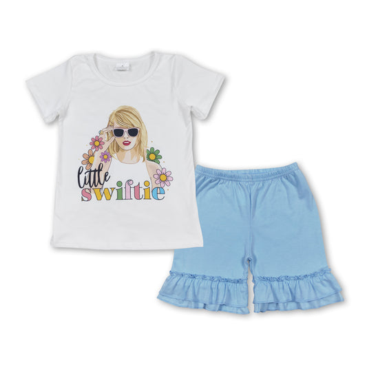 GSSO1393 Singer Swiftie Flowers Top Blue Shorts Girls Summer Clothes Set