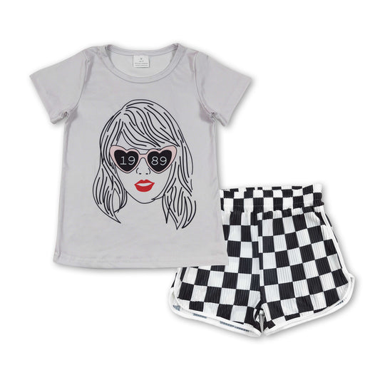 GSSO1398 Grey Singer Swiftie Top Black Plaid Shorts Girls Summer Clothes Set