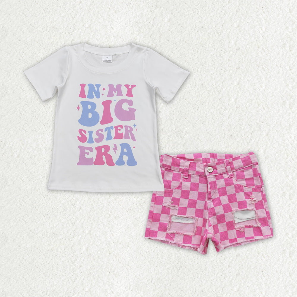 GSSO1408 In My Big ERA Top Pink Plaid Denim Helo Shorts Girls Summer Clothes Set