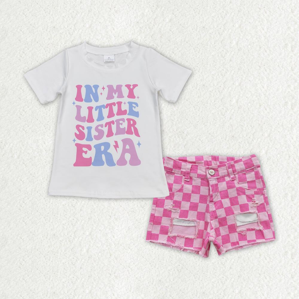 GSSO1409 In My Little ERA Top Pink Plaid Denim Helo Shorts Girls Summer Clothes Set