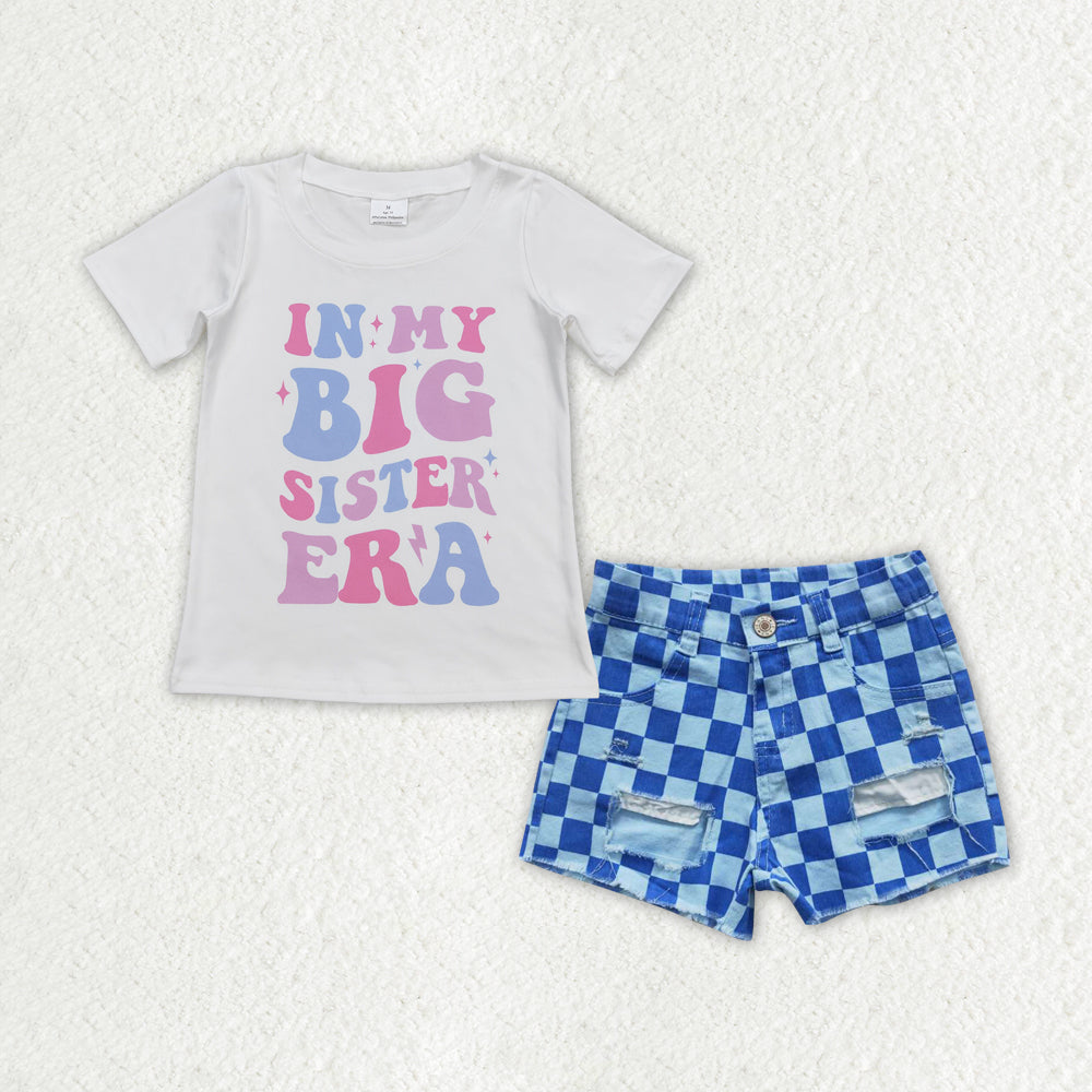 GSSO1410 In My Big ERA Top Blue Plaid Denim Helo Shorts Girls Summer Clothes Set