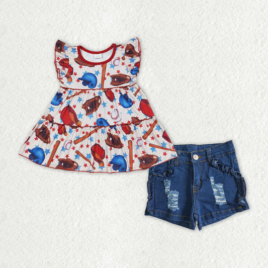 GSSO1412 Baseball Stars Top Blue Denim Shorts Girls Summer Clothes Set