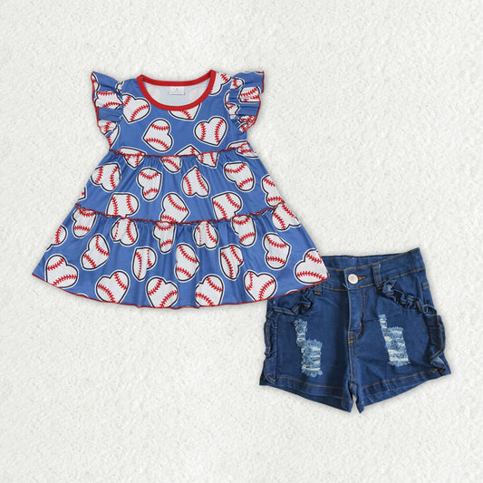 GSSO1413 Baseball Top Blue Denim Shorts Girls Summer Clothes Set