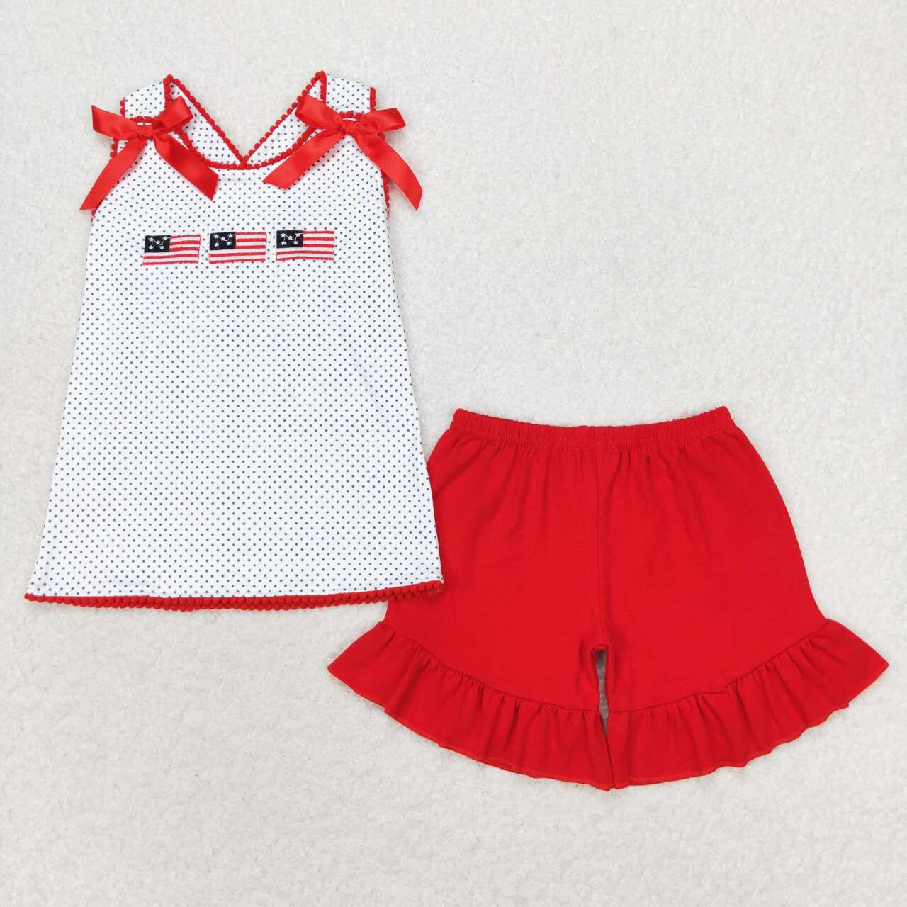 GSSO1414 Flags Embroidery Top Red Shorts Girls 4th of July Clothes Set