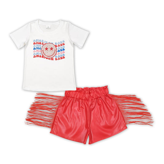 GSSO1421 AMERICAN BABE Smiling Face Top Red Leather Tassels Shorts Girls 4th of July Clothes Set