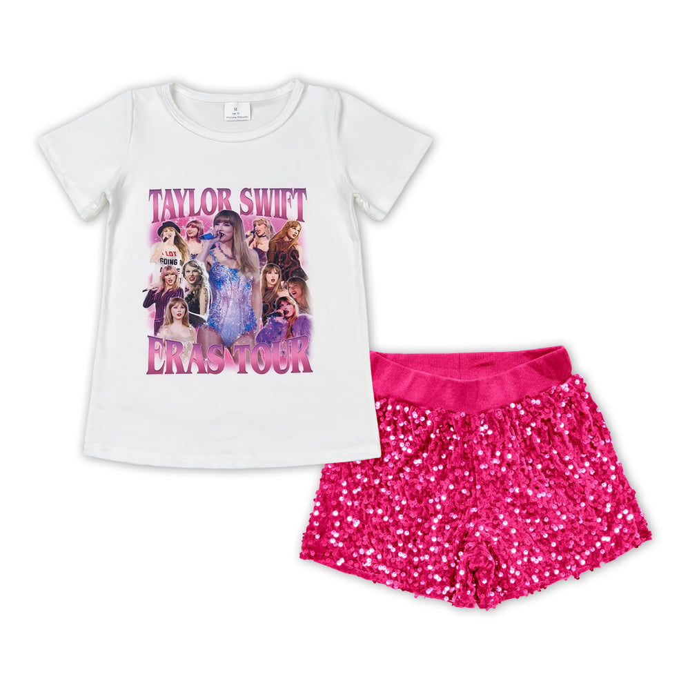 GSSO1422 Singer Swiftie ERAS TOUR Top Hotpink Sequin Shorts Girls Summer Clothes Sets