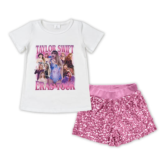 GSSO1423 Singer Swiftie ERAS TOUR Top Pink Sequin Shorts Girls Summer Clothes Sets
