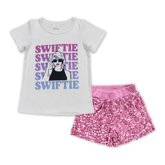GSSO1425 Singer Swiftie Top Pink Sequin Shorts Girls Summer Clothes Sets
