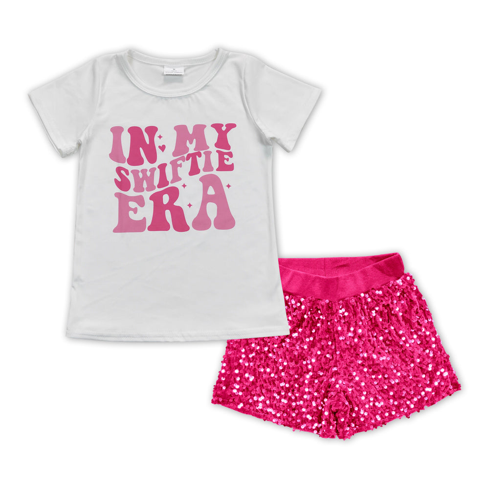 GSSO1426 Singer Swiftie ERA Top Hotpink Sequin Shorts Girls Summer Clothes Sets