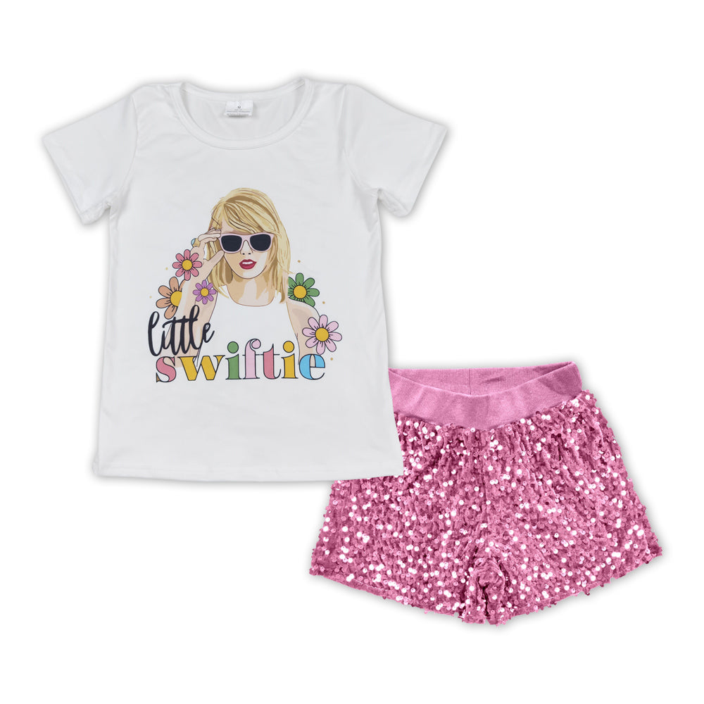 GSSO1427 Singer Swiftie Flowers Top Pink Sequin Shorts Girls Summer Clothes Sets