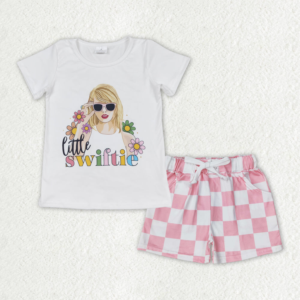 GSSO1428 Singer Swiftie Flowers Top Plaid Shorts Girls Summer Clothes Set