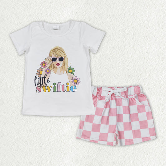 GSSO1428 Singer Swiftie Flowers Top Plaid Shorts Girls Summer Clothes Set