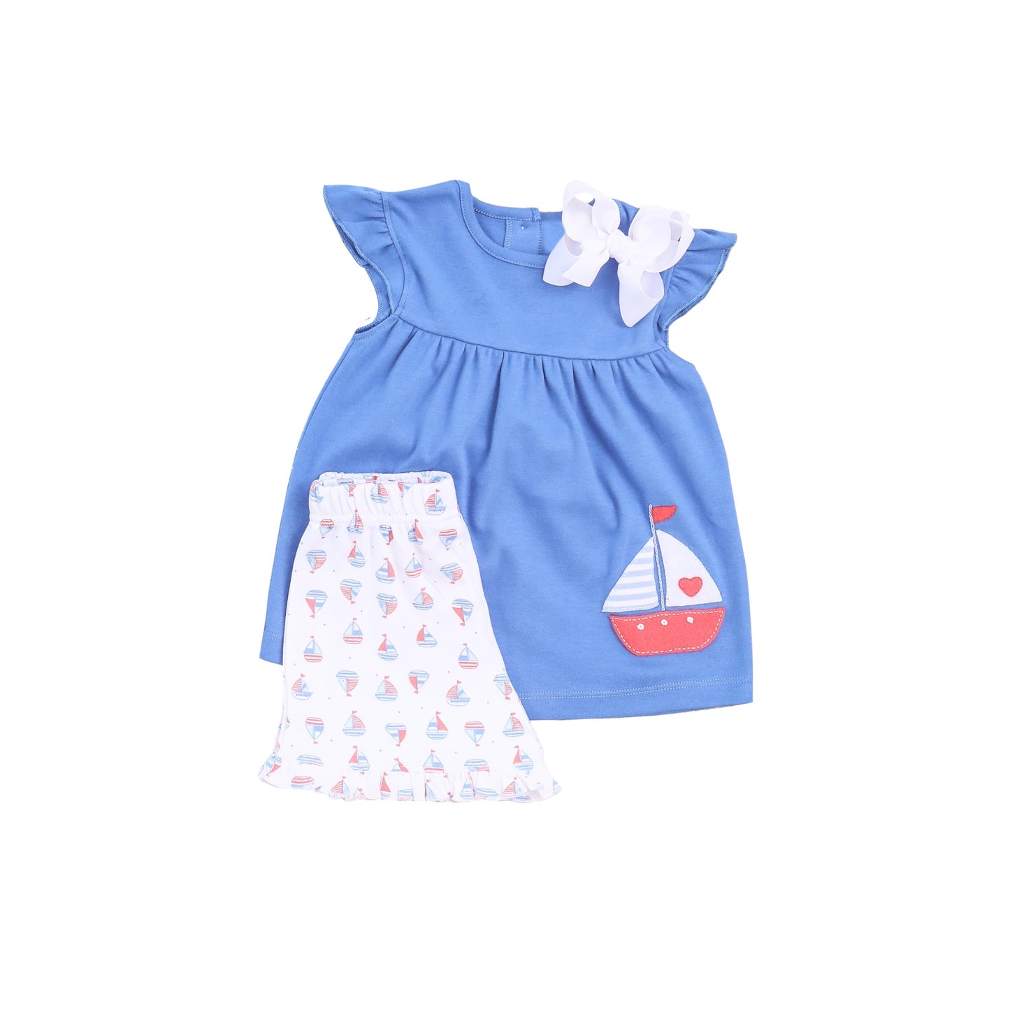 (Pre-order)GSSO1434 Sailboat Blue Top Ruffle Shorts Girls Summer Clothes Set