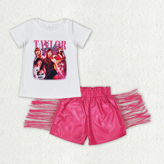 GSSO1435 Singer Swiftie Top Hot Pink Tassels Leather Shorts Girls Summer Clothes Set