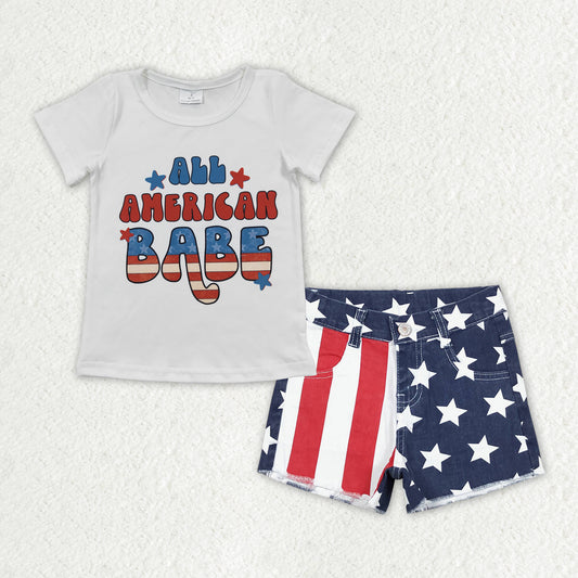 GSSO1438 All American Babe Top Blue Star Red Stripes Denim Shorts Girls 4th of July Clothes Set