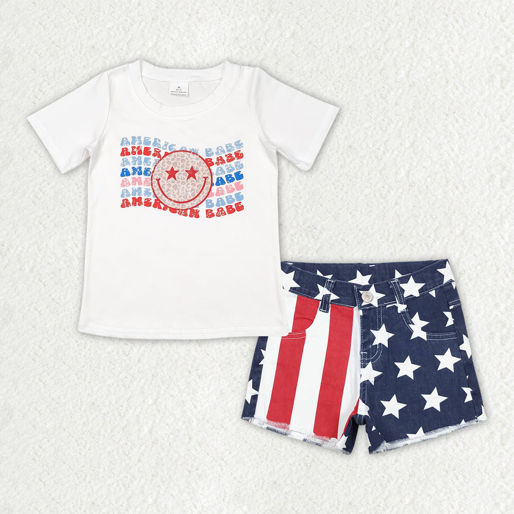 GSSO1439 AMERICAN BABE Smiling Face  Top Blue Star Red Stripes Denim Shorts Girls 4th of July Clothes Set