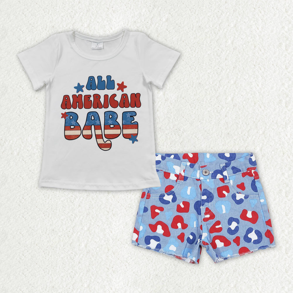 GSSO1440 All American Babe Top Blue Red Leopard Denim Shorts Girls 4th of July Clothes Set