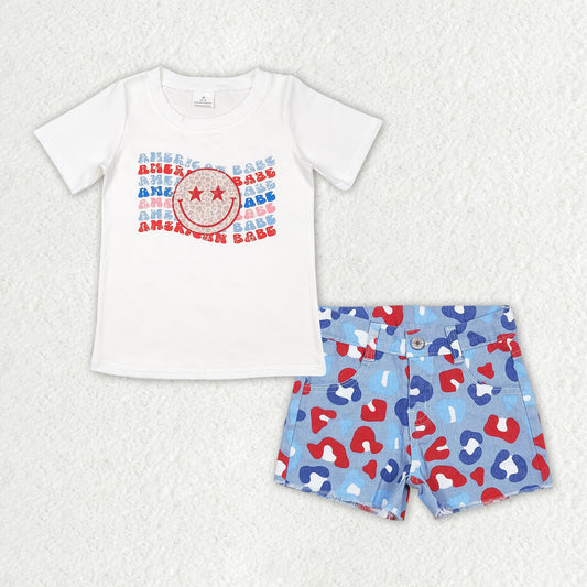 GSSO1441 AMERICAN BABE Smiling Face Top Blue Red Leopard Denim Shorts Girls 4th of July Clothes Set