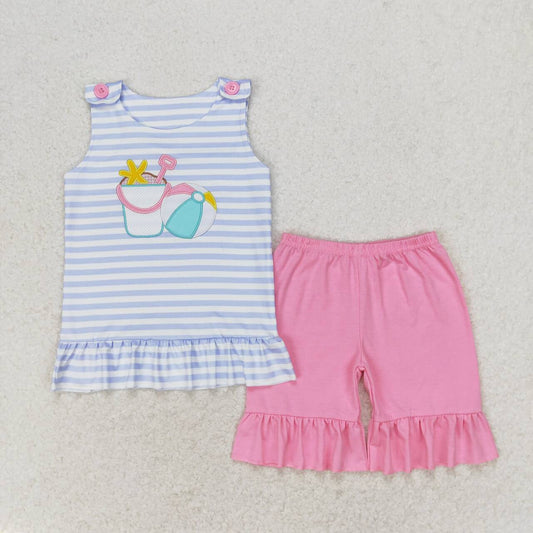 GSSO1442 Beach Ball Embroidery Top Pink Shorts Girls Summer Clothes Set