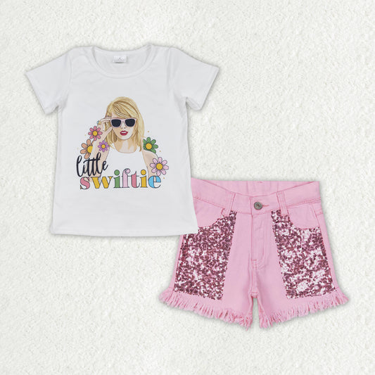 GSSO1445 Singer Swiftie Flowers Top Pink Denim Sequin Shorts Girls Summer Clothes Set