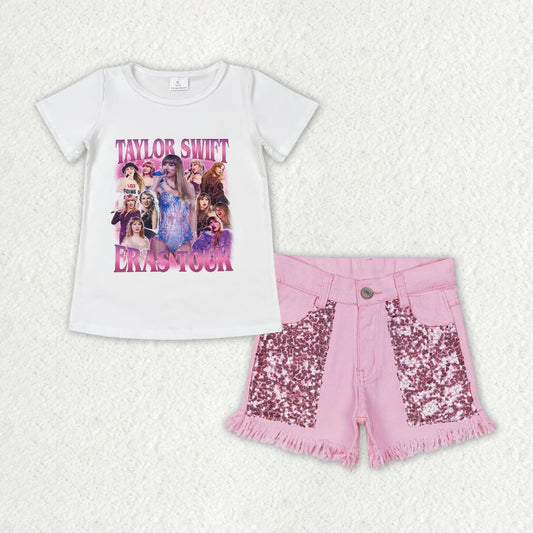 GSSO1446 Singer Swiftie Top Pink Denim Sequin Shorts Girls Summer Clothes Set