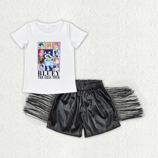 GSSO1448 Cartoon Dog ERAS Top Tassel Black Pleather Shorts Girls Summer Clothes Set