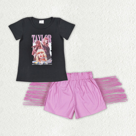 GSSO1450 Singer Swiftie Black Top Pink Tassels Shorts Girls Summer Outfits