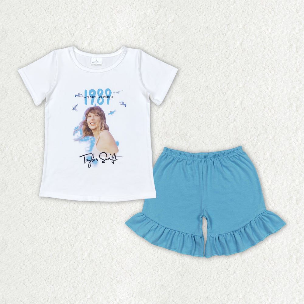 GSSO1452 Singer Swiftie 1989 Top Blue Shorts Girls Summer Clothes Set