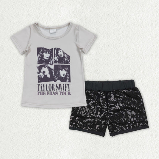 GSSO1454 Singer Swiftie Grey Top Black Sequin Shorts Girls Summer Clothes Sets