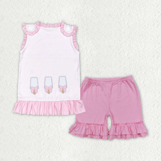 GSSO1455 Pink Popsicle Embroidery Top Pink Shorts Girls Summer Clothes Set