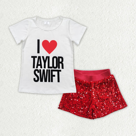 GSSO1456 I LOVE Singer Swiftie Top Red Sequin Shorts Girls Summer Clothes Sets