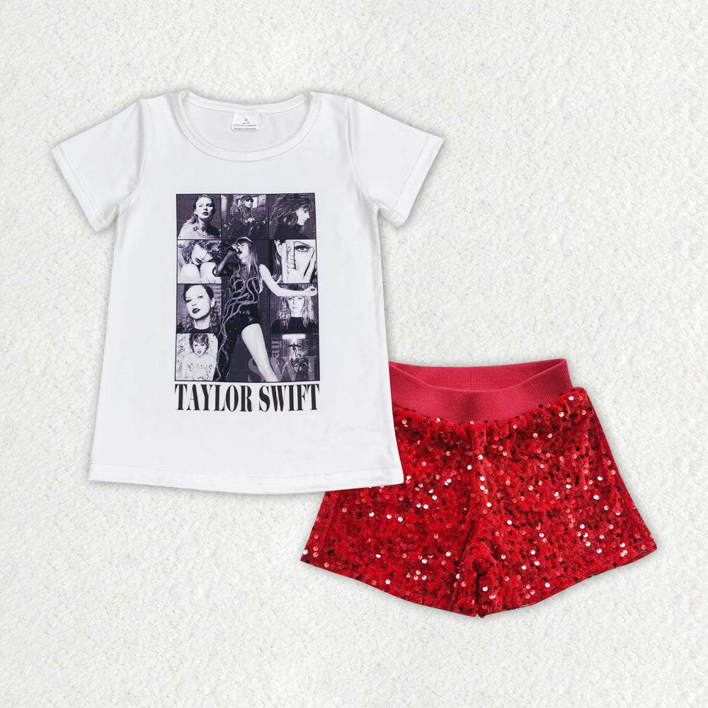 GSSO1457 Singer Swiftie Top Red Sequin Shorts Girls Summer Clothes Sets