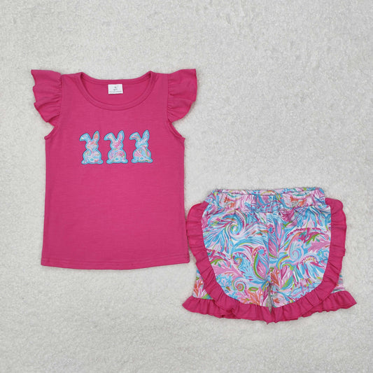 GSSO1466  Bunny Embroidery Hot Pink Top Flowers Shorts Girls Easter Clothes Set